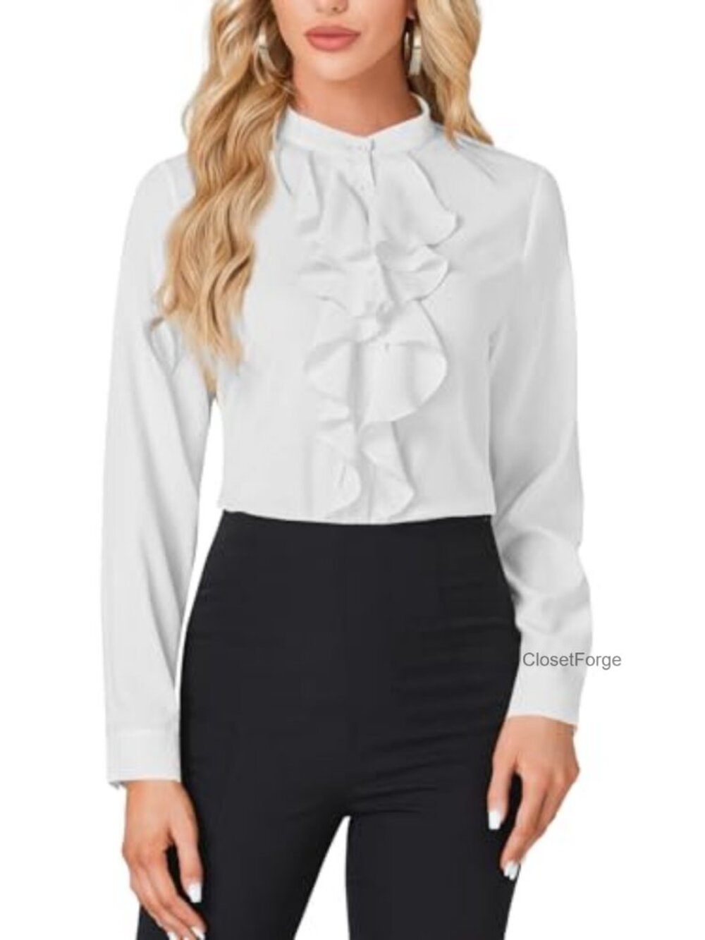 Mock Neck Ruffle Blouse Long Sleeve Button Down Work Shirt